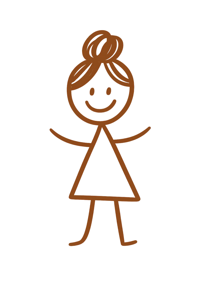 Hand-drawn stick figure of a mom with a messy bun.
