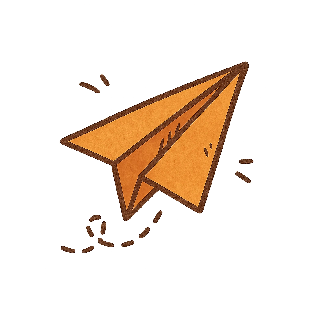 Hand-drawn orange paper plane doodle with soft trail for Crumbs and Calendars footer.