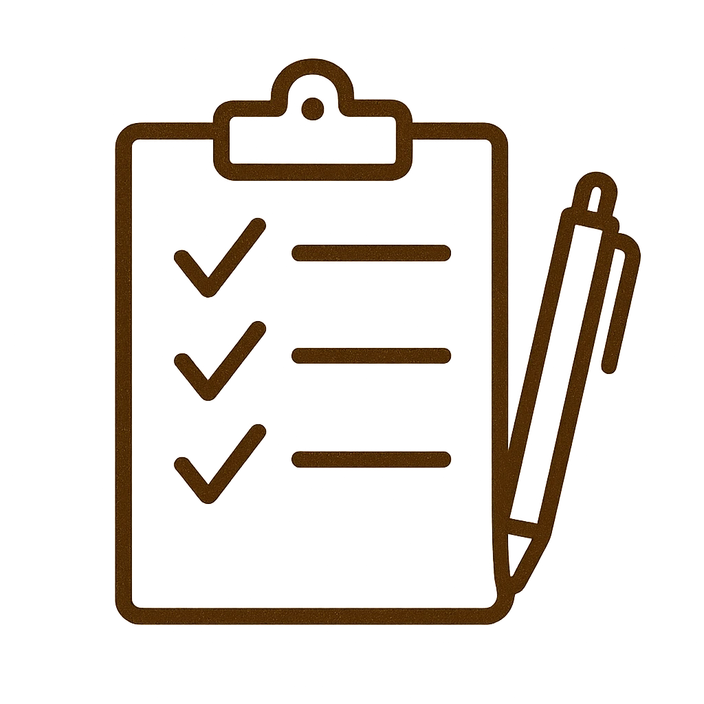 Hand-drawn brown clipboard with checklist and pen in Crumbs and Calendars style.