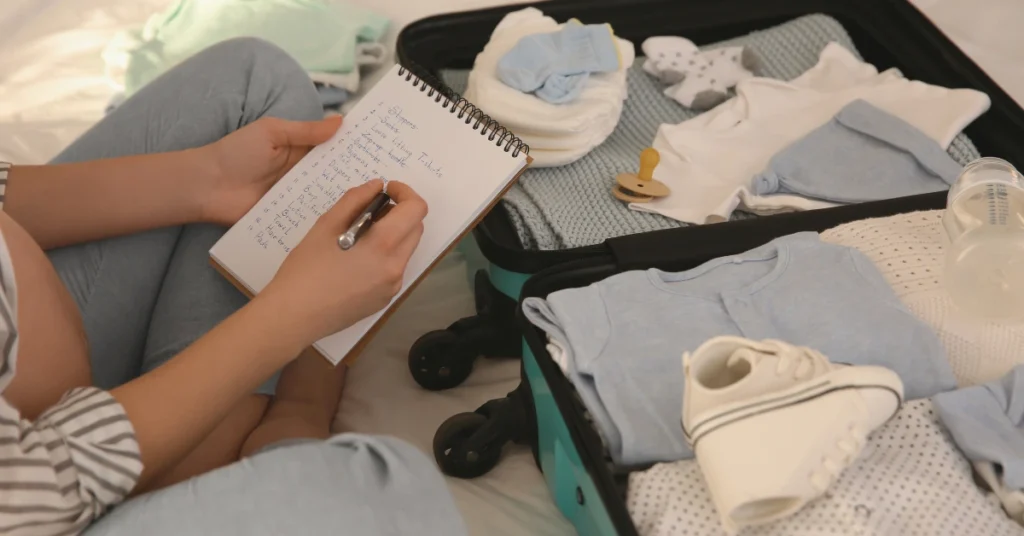 Pregnant mom writing what to pack in your hospital bag checklist with baby items packed in a suitcase.