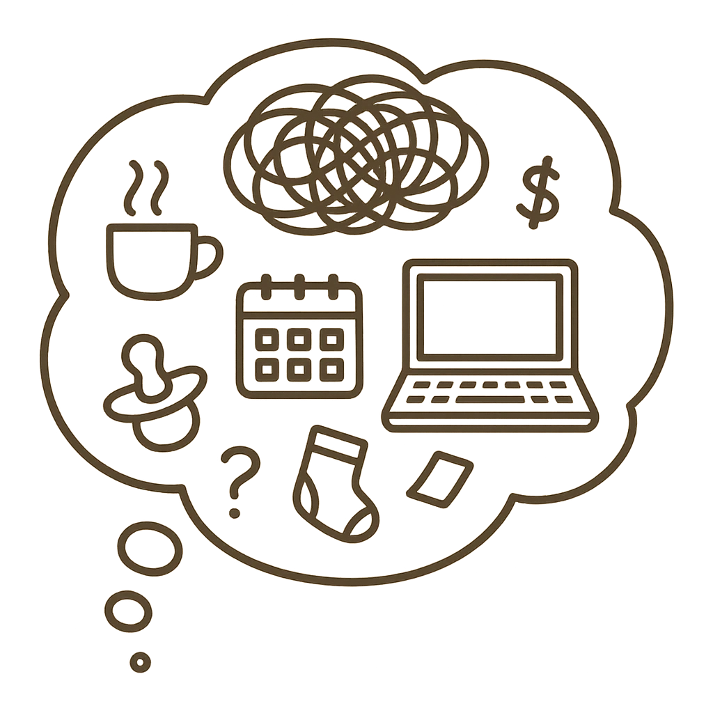 A hand-drawn digital illustration in dark brown showing a mom’s thought bubble.