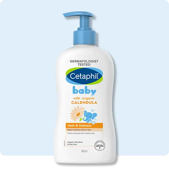 Cetaphil Baby Wash & Shampoo with Organic Calendula and Aloe Vera for gentle cleansing of baby’s skin and hair.