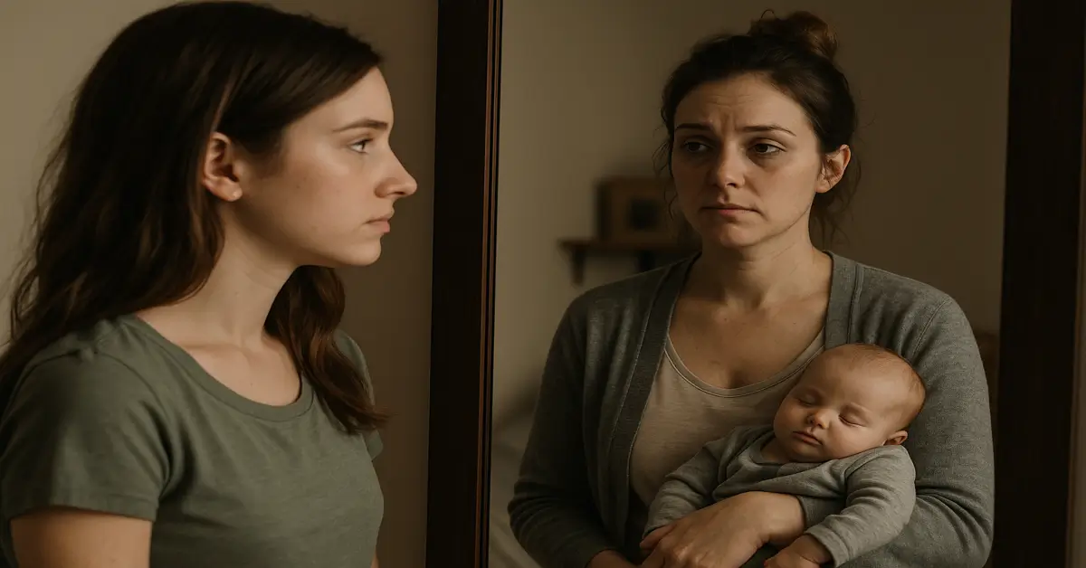A young woman looks into a mirror and sees her future self as a tired but loving mom holding a sleeping baby, reflecting the transformation into motherhood.