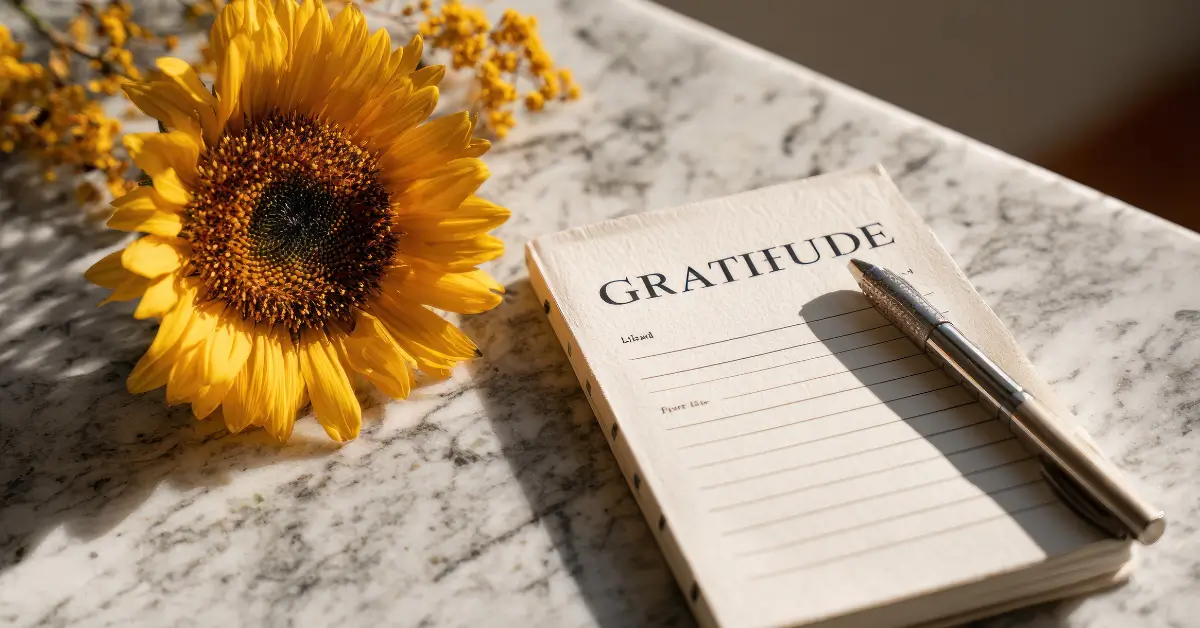 A sunflower beside an open gratitude journal and pen on a marble table, symbolising quiet moments of reflection and gratitude in motherhood.